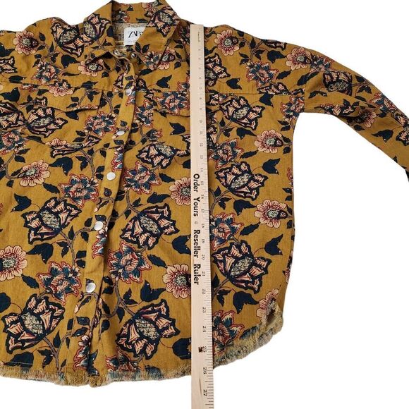 ZARA Shacket XS Mustard Gold Floral Embroidered Snap Button‎ Shirt Jacket Top - Picture 12 of 12